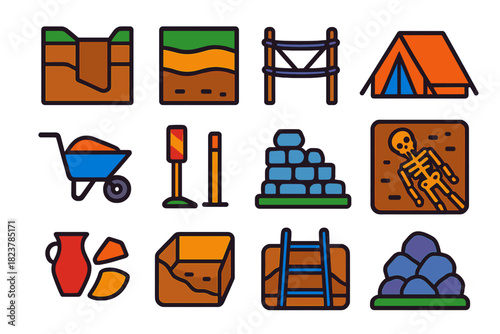 Archaeological Icons Set. Flat vector icons of Excavation Sites: trench section, layered soil profile, rope boundary grid, tent