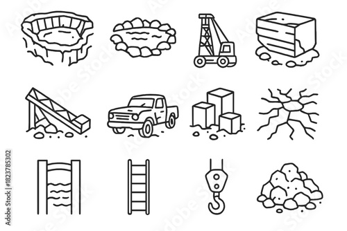 Abandoned Quarry Icons. Line style icons of abandoned quarry: deep pit, water, derelict machinery, granite; broken conveyor,