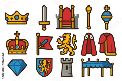 Royal Icon Set. Flat vector icons of Crowned Legacy: royal diadem, ceremonial sword, castle throne, sceptre with orb,
