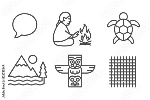 Indigenous Storytelling Icons. Line style icons of Indigenous Storytelling: oral tradition symbol, elder figure with fire,
