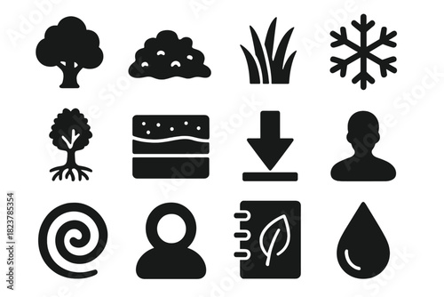 Cold Region Ecology Icons. Solid style icons of vegetation and cold-region ecology: tree, moss, grass, snowflake, root, soil layer