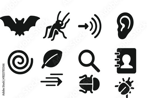 Predator-Prey Acoustic Icons. Solid style icons of predator-prey interactions in acoustic signaling: bat, cricket, sound wave, ear