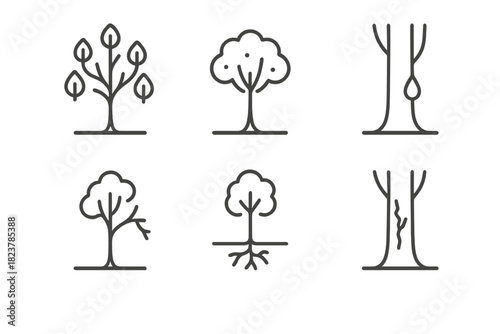 Tree Stress Icons. Line style icons of Tree Stress Symptoms: yellowing leaves, crown thinning, resin flow, broken branch, root
