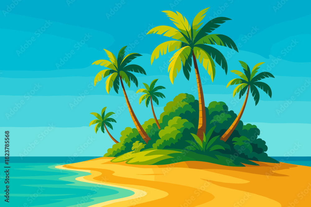 Obraz premium Tropical Island Escape. Scenic tropical island with vibrant palm trees and golden sand vector illustration under a clear blue sky,