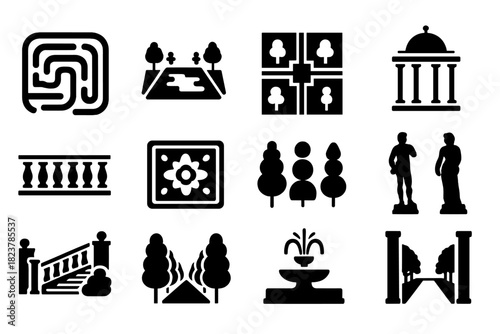 Formal Garden Icons. Solid style icons of formal gardens: hedge maze, reflecting pool, symmetrical plan, pavilion, balustrade