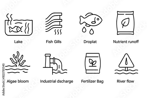 Environmental Monitoring Icons. Line style icons of Environmental Monitoring: Dead Zone, Fish Gill, Hypoxia, Nutrient Runoff;
