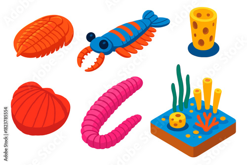 Cambrian Ocean Life. Isometric vector illustration set Cambrian Explosion: trilobite fossil, anomalocaris predator, early sponge,