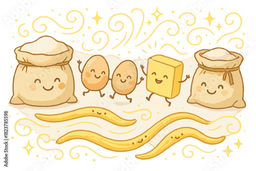 Whimsical Pastry Chemistry. Adorable doodle pastry preparation with smiling flour sacks, cartoon eggs and butter dancing, tiny