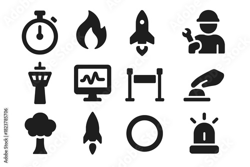 Rocket Launch Icons. Solid style icons of Launch sequence: countdown clock, ignition flame, rocket plume, pad crew, control tower,
