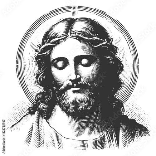 Jesus Christ with a crown of thorns and radiant halo sketch engraving generative ai fictional character vector illustration. Scratch board imitation. Black and white image.
