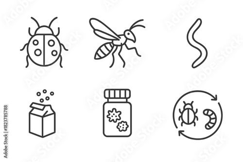 Biocontrol Icons Collection. Line style icons of Biological Controls: predator insect, parasitic wasp, beneficial nematode,