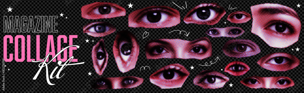 Obraz premium Woman Eye collage paper bundle with tear and doodle love and arrows. Girly Stickers with eye and grunge retro effect. Collage background with paper and 90s cutouts