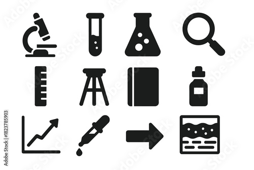 Research Tools Icons. Solid style icons of laboratory and field research tools: microscope, test tube, flask, magnifying glass,