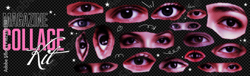 Woman Eye collage paper bundle with tear and doodle love and arrows. Girly Stickers with eye and grunge retro effect. Collage background with paper and 90s cutouts