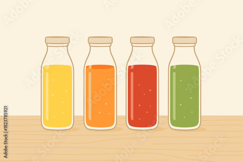 Colorful Juice Bottles. Minimalist set of glass bottles filled with vector illustration vibrant juices arranged on a wooden