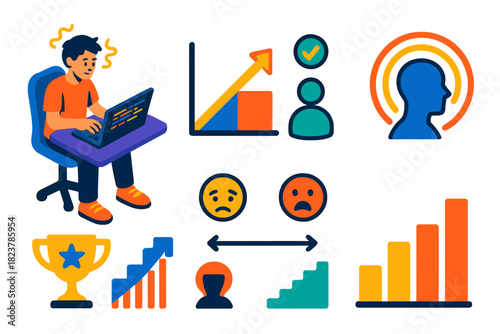 Optimal Challenge Icons. Isometric vector illustration set Psychology of optimal challenge: coder in flow, skill-to-task ratio
