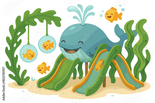 Whale's Kelp Playground. Happy whale playground with slides made of kelp, bubble swings, and laughing little fish No text, No