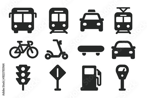 Urban Transport Icons. Solid style icons of Urban transport: bus, subway train, taxi, tram, bicycle, scooter, skateboard, car,