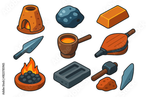 Ancient Metallurgy Icons. Isometric vector illustration set Ancient Metallurgy: mud furnace, shiny ore, bronze ingot, tool spear