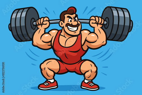 Playful Cartoon Weightlifter. Cartoon weightlifter with bold exaggerated muscles lifting heavy barbells, vector illustration