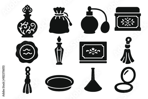 Vintage Perfumery Icons. Solid style icons of Vintage perfumery: ornate glass bottle, carved stopper, velvet pouch, atomizer bulb,