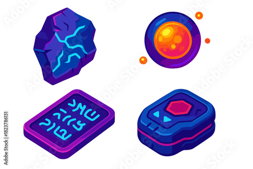 Alien Tech Artefacts. Isometric vector illustration set Alien Tech Artefacts: Unknown metal fragment, glowing orb, alien writing