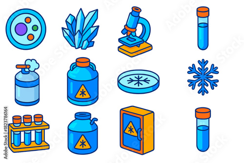 Cryobiology Icon Set. Isometric vector illustration set Cryobiology: frozen cellular icon, clustered ice shards, high-resolution