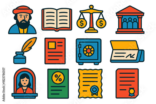 Banking History Icons. Flat vector icons of banking history: merchant banker, ledger book, coin scale, lockbox chest, early stock