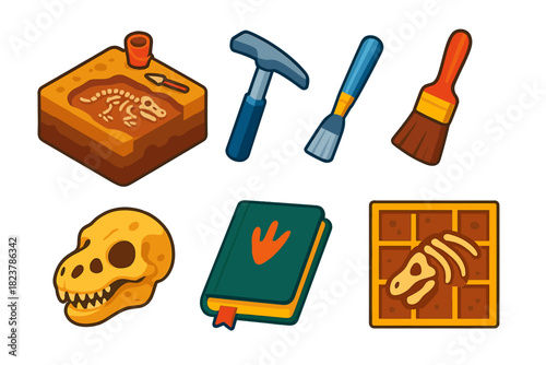 Paleontology Study Icons. Isometric vector illustration set Paleontology Research: fossil excavation site, rock hammer, brush tool