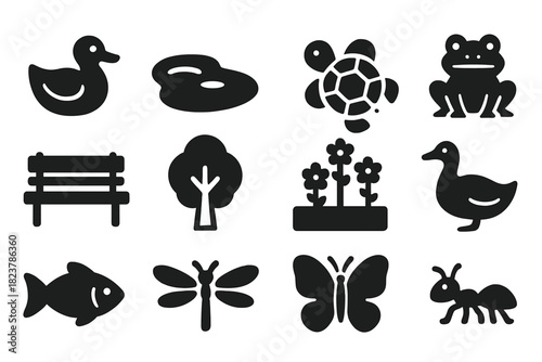 Park Life Icons. Solid style icons of Park Life: Duck, Pond, Turtle, Frog, Bench, Tree, Flower Bed, Goose, Fish, Dragonfly,