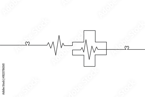 Simple one line art medical cross and syringe continuous drawing on white background