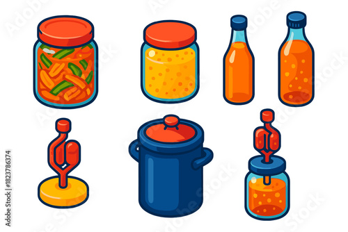 Bold Fermentation Techniques Icons. Isometric vector illustration set Fermentation Techniques: kimchi jar, sourdough starter,