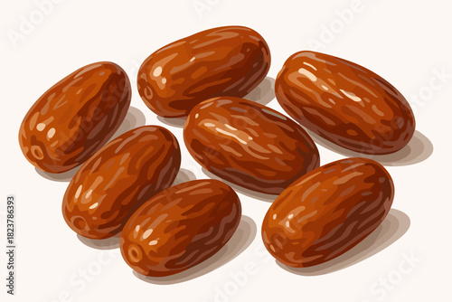 Shiny Fresh Dates. Plump fresh dates displayed on a white surface, earthy brown tones with a glossy finish, natural lighting
