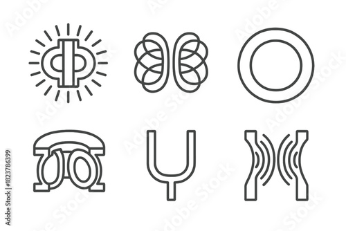 Fusion Reactor Icons. Line style icons of Fusion Reactor Containment: tokamak coil, magnetic confinement lines, plasma ring,