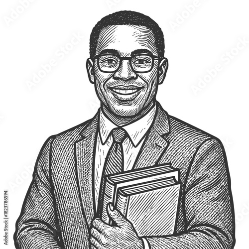 confident teacher man in glasses and suit holding books, education, knowledge, or leadership sketch engraving generative ai fictional character vector illustration. Scratch board. Black and white.