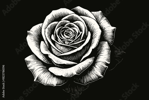 Timeless Rose Elegance. Black-and-white close-up of a blooming rose under dramatic lighting, intricate petal details, timeless and