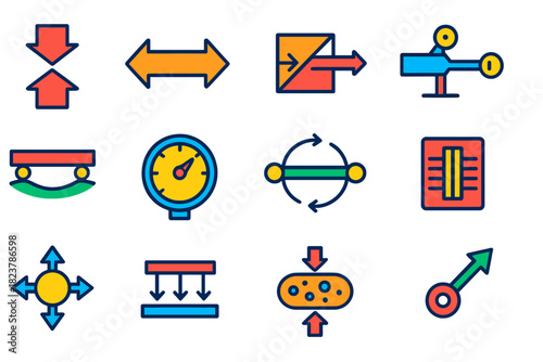 Mechanical Force Icons. Flat vector icons of mechanical forces in biology: compression arrow, stretch arrow, shear force, tension