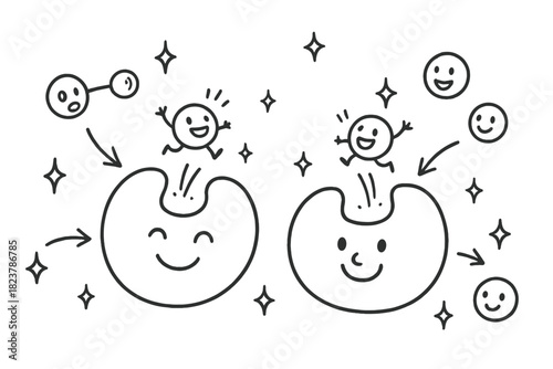 Whimsical Enzyme Workshop. Magical doodle catalytic reaction workshop with smiling enzymes, cartoon molecules jumping into active