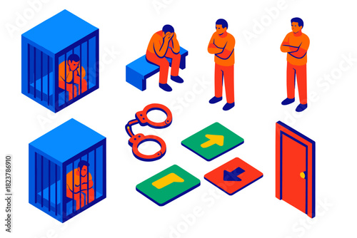 Prison Dilemma Icons. Isometric vector illustration set Prisoner’s Dilemma: two prison cells, separated prisoners, handcuffs,