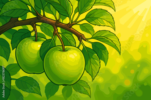 Sunlit Green Apples. Fresh green apples hanging from a tree branch illuminated by warm sunlight, sharp details and vector
