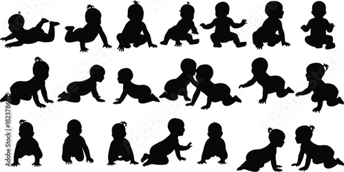 Collection of Baby and Infant Silhouettes in Different Crawling and Sitting Poses, Illustrating Child Development, Growth, and Movement Vector.