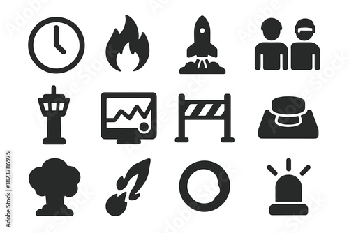 Rocket Launch Icons. Solid style icons of Launch sequence: countdown clock, ignition flame, rocket plume, pad crew, control tower,