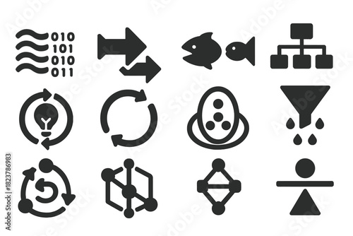 Information Ecology Icons. Solid style icons of information ecology: data stream, competing arrows, predator-prey concept, network