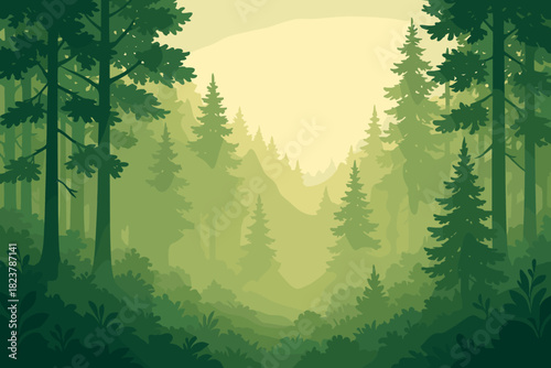 Misty Morning Forest. Lush morning forest bathed in soft sunlight with misty fog lingering among the vector illustration trees,