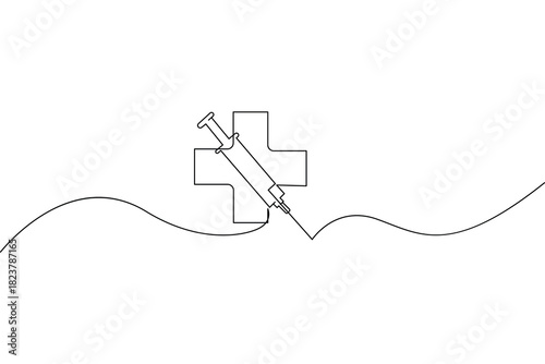 Simple one line art medical cross and syringe continuous drawing on white background