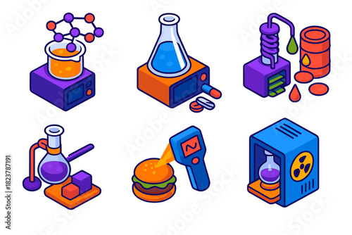 Future Microwave Chemistry. Isometric vector illustration set Future Applications of Microwave Chemistry: nanomaterial synthesis,