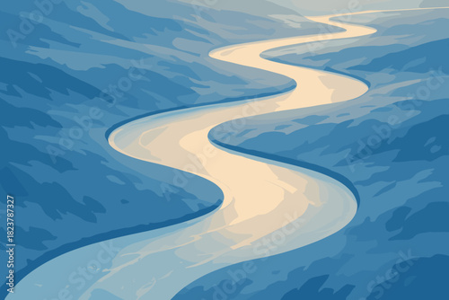 Icy River Majesty. Aerial view vector illustration of winding icy river cutting through a frosty blue landscape, soft golden light