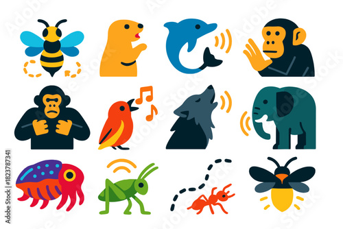 Animal Communication Icons. Flat vector icons of animal communication: bee waggle dance, prairie dog alarm call, dolphin whistles,