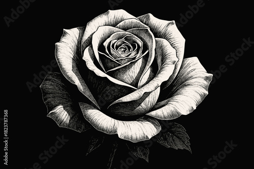 Timeless Rose Elegance. Black-and-white close-up of a blooming rose under dramatic lighting, intricate petal details, timeless and