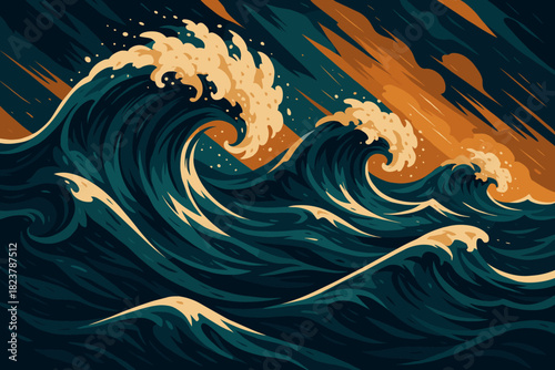 Turbulent Ocean Waves. Abstract depiction of turbulent ocean waves with sharp textures and dramatic lighting, bold and vector